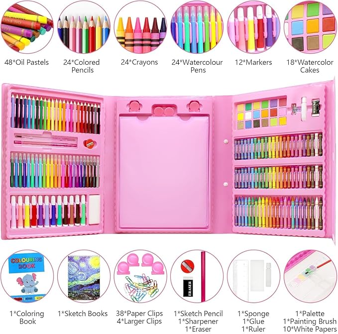 208 pcs Art Set & Colour Set Kit for Kids – Complete Drawing Kit with Crayons, Markers, Pencils – Ideal Colors Set for Kids – Creative Colour Set for Drawing & Sketching