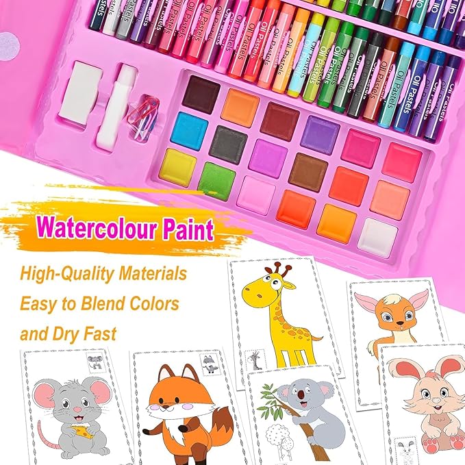 208 pcs Art Set & Colour Set Kit for Kids – Complete Drawing Kit with Crayons, Markers, Pencils – Ideal Colors Set for Kids – Creative Colour Set for Drawing & Sketching